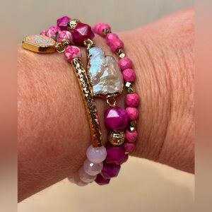 Ermish Set of 3 stack bracelets bright pink with pearl and gold toned metal.